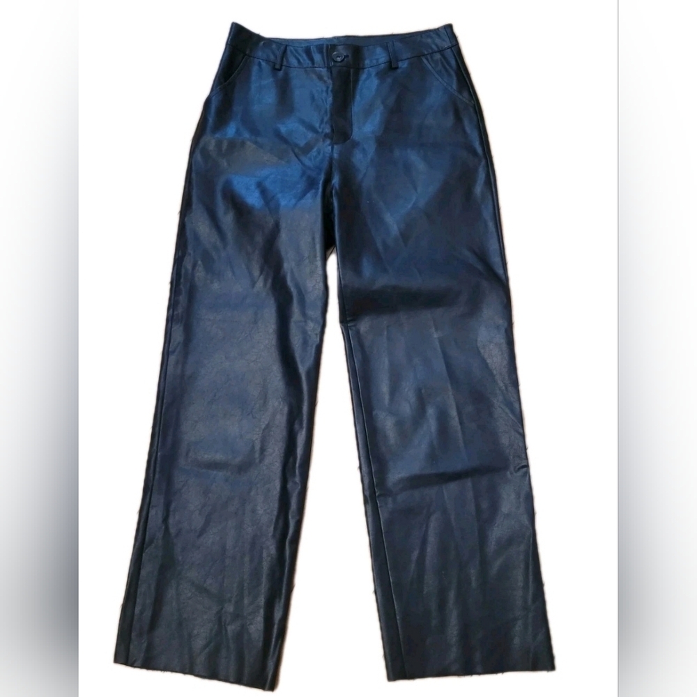 Shinestar Faux Black Leather Wide Leg Pants Raw Hem Women's Sz L Trendy Classic